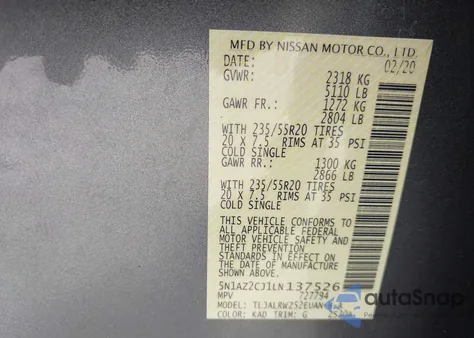 2020 Nissan Murano Sl Fwd z USA, uszkodzony, nr VIN 5N1AZ2CJ1LN137526